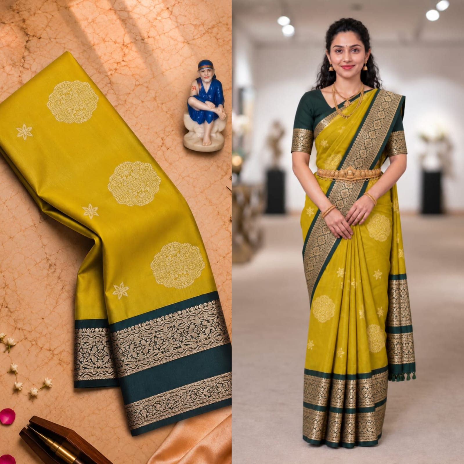 A marigold saree with a deep green and gold-patterned border, shown as fabric and a complete look